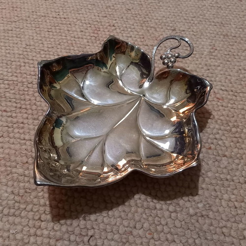 Silver-plated serving dish used, maple leaf shape, 1960s