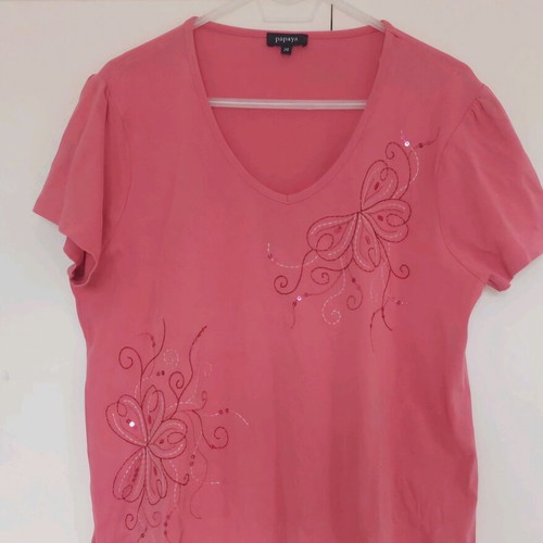 Papaya Clothing short-sleeve blouse used, coral with embroidered designs, 4XL
