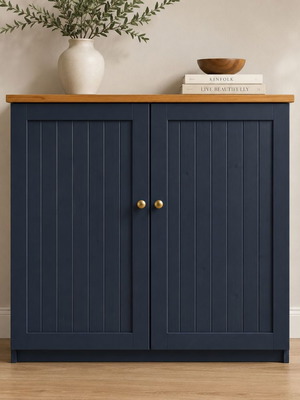 Wooden cabinet with navy blue finish and natural wood surface, like new