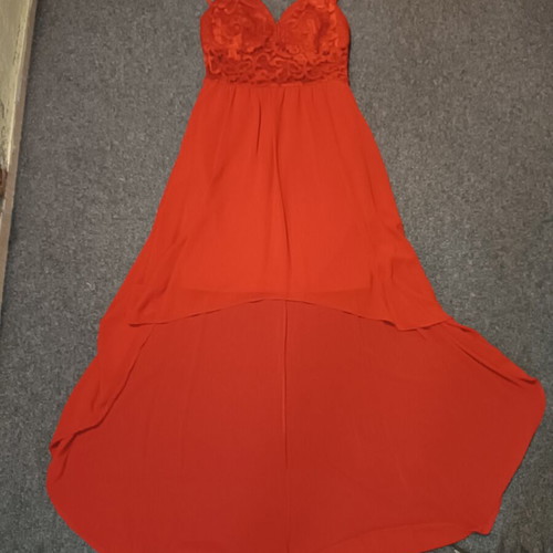 Asymmetric red evening dress like new, size S, lace detail
