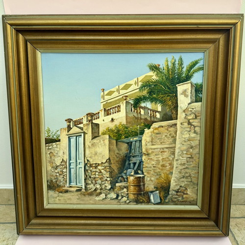 Oil painting by Antonis Voumbakis used, neoclassical island house