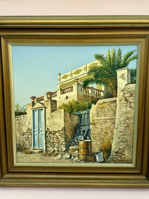 Oil painting by Antonis Voumbakis used, neoclassical island house