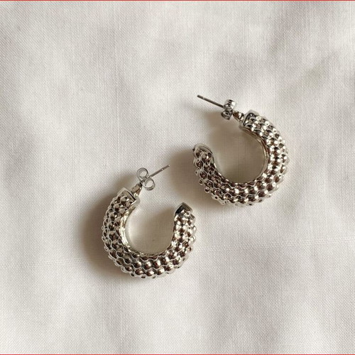 Stud earrings with embossed hoop design, new, silver