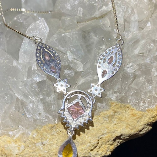 Silver Necklace with Natural Pink Tourmaline, Citrine and Moissanite