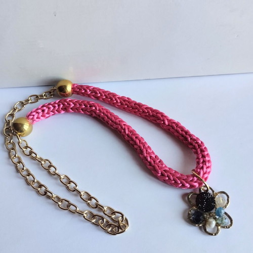 Handmade Unique Long Necklace Fuchsia Gold