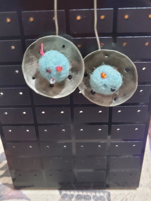 Handmade earrings like new with argentium and sky blue pom poms