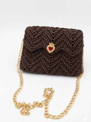 Handmade Crochet Sacred Heart Crossbody Bag new, brown and gold