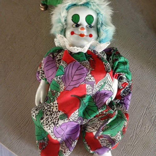 Clown doll with porcelain head used, 40 cm