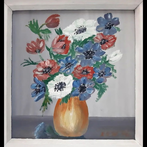 Vintage Scandinavian painting flowers in vase signed K.G.V.46 used
