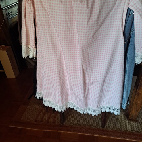 Checkered dress with lace sleeves and hem like new, white and pink