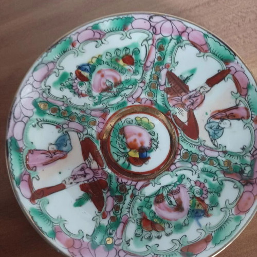 Chinese porcelain cup and saucer set 2 handpainted, used, collectible