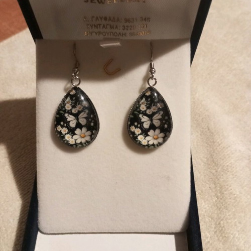 Hippie boho style stainless steel earrings like new, black and white with flowers