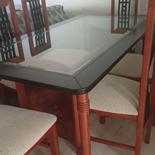 Walnut dining set with 6 chairs, glass top