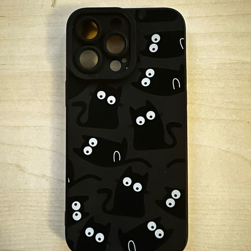 iPhone 13 Pro Max case used, black with cat design