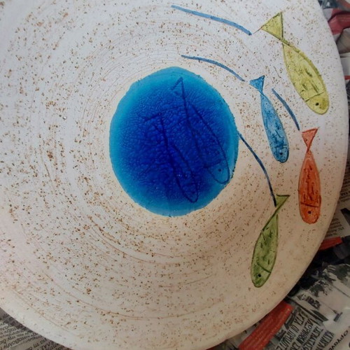 Decorative ceramic platter with colorful fish design, new
