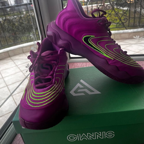 Nike Giannis Immortality athletic shoes used, size 45.5, green and purple