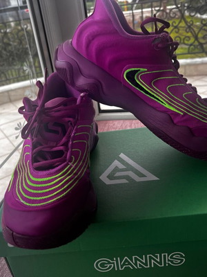 Nike Giannis Immortality athletic shoes used, size 45.5, green and purple