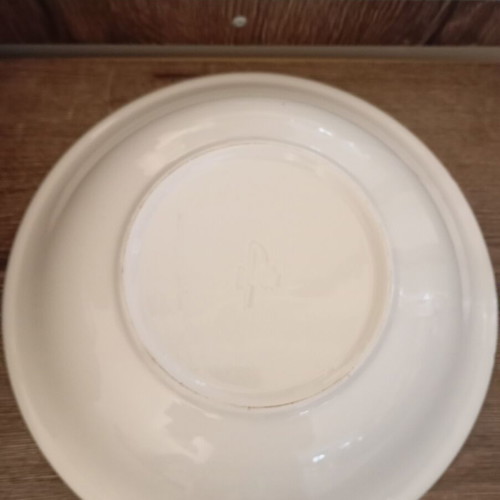 Ceramic vintage bowl used, white with black and pink decorative lines