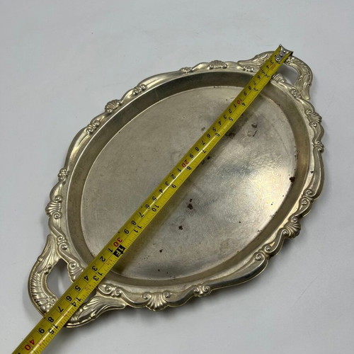 Vintage decorative metal serving tray used, collectible decor
