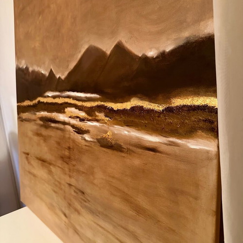 Painting on canvas used, oil paint, 100x100 cm, dark brown and gold