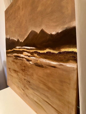 Painting on canvas used, oil paint, 100x100 cm, dark brown and gold