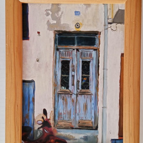 Blue Door & Moped Painting on Wood Panel by Tiffany Riley 2007 like new