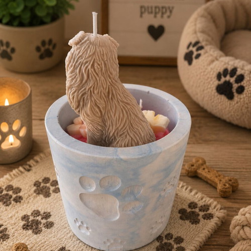 Handmade scented dog candle with reusable porcelain powder container