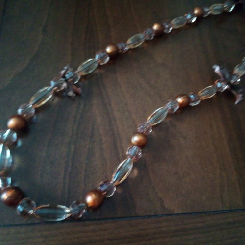 Long necklace with acrylic bronze pearls and transparent beads like new
