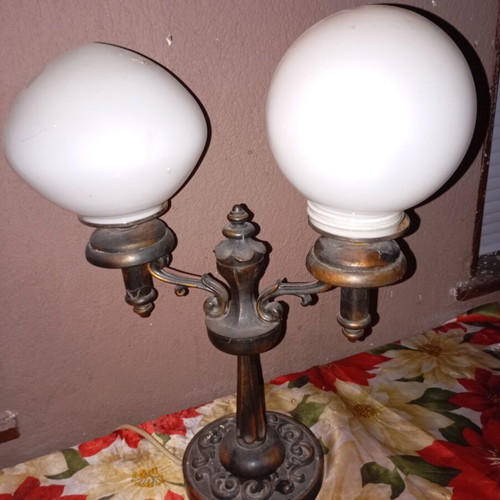 Vintage brass table lamp with two globe shades used, authentic handmade