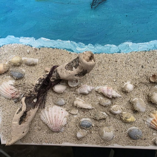 Handmade painting with pebbles sand and shells like new