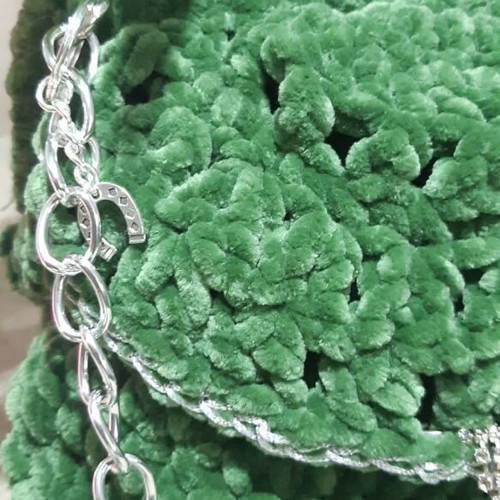 Emerald Velvet Handmade Knitted Shoulder Bag Green New