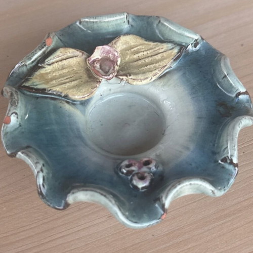 Majolica type pottery dish ashtray handmade used