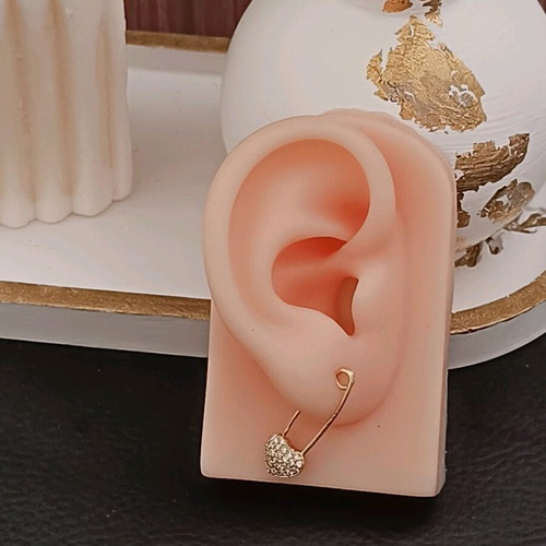 Safety pin earring with heart and zircon, new, gold tone
