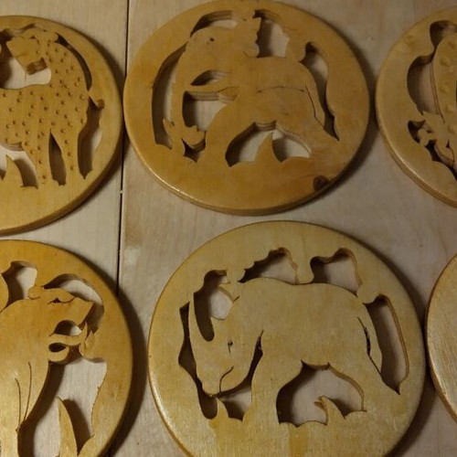 Wooden coasters handmade, set of 6 with jungle animals, new
