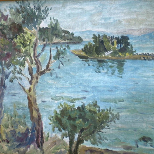 Pontikonisi Corfu oil painting used, Alexandros Asonitis