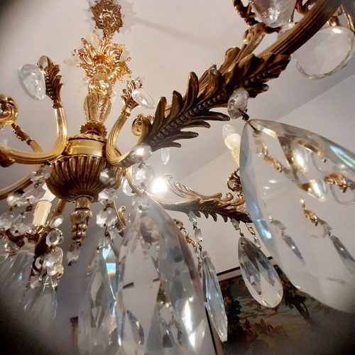 Chandelier, brass with crystals