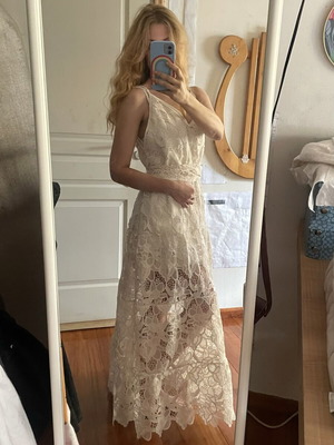 Cream lace dress with floral motifs, handmade, long
