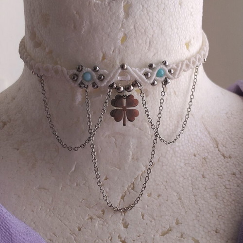 Handmade choker with steel elements, new, 32-37cm, white and silver