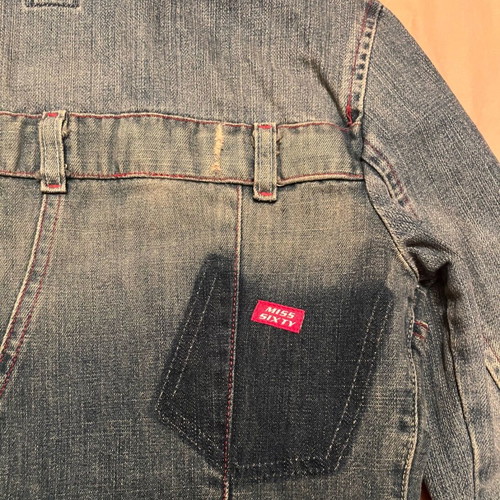 Miss Sixty Denim Jacket Unique Short Cropped with Drawstring Sleeves Size Small Like New