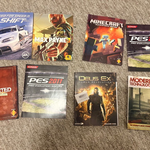 PS3 manuals like new for Uncharted, Need for Speed, Max Payne 3, PES 2011, Deus Ex, Minecraft