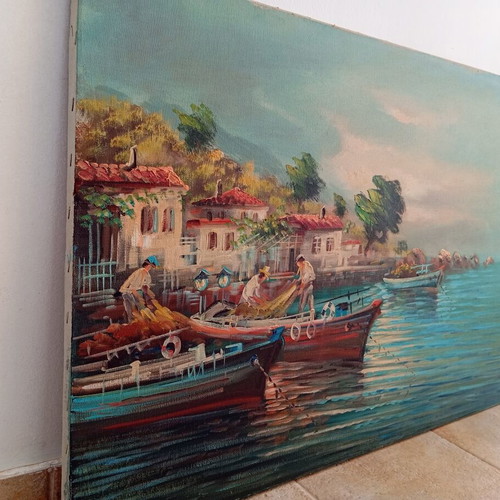 Oil Painting on Canvas by Nikos Papadopoulos, Like New, Island Theme
