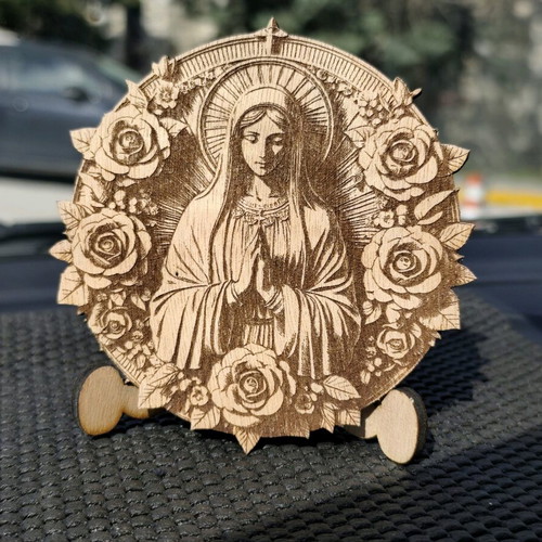 Wooden icon Panagia with rose new, with stand