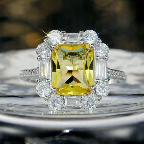 Ring with citrine and zircon, white gold plated, new