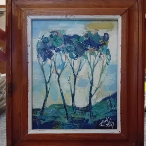 Original oil painting "Landscape in Blue" by Krasimir Doychev with wooden frame
