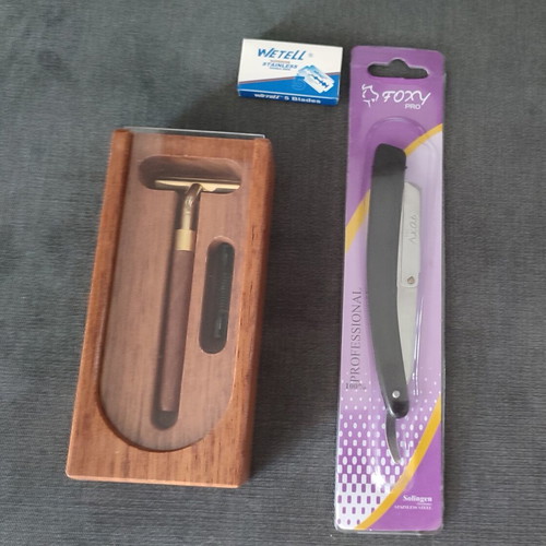 Vintage shaving set 90s with wooden case and Solingen shavette