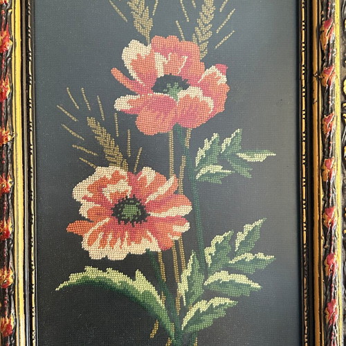 Vintage handmade embroidery framed artwork