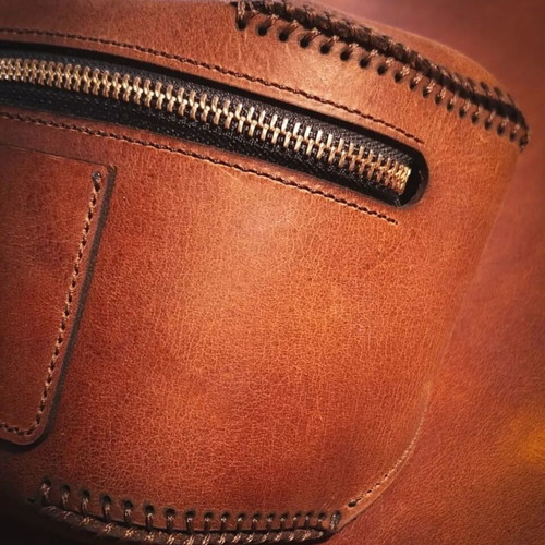 Handmade leather banana bag new, brown and green