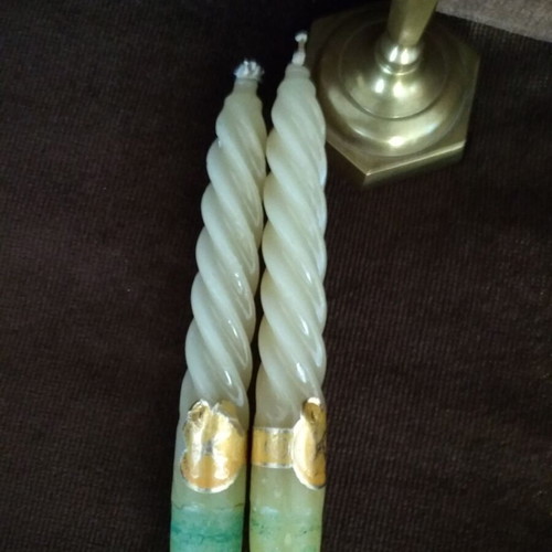 Vintage brass candlestick used with candles and gift of two candles