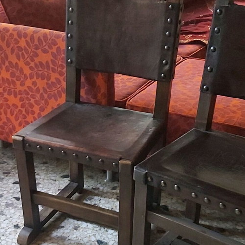 Chairs set of 2 made of solid walnut wood with genuine calf leather like new