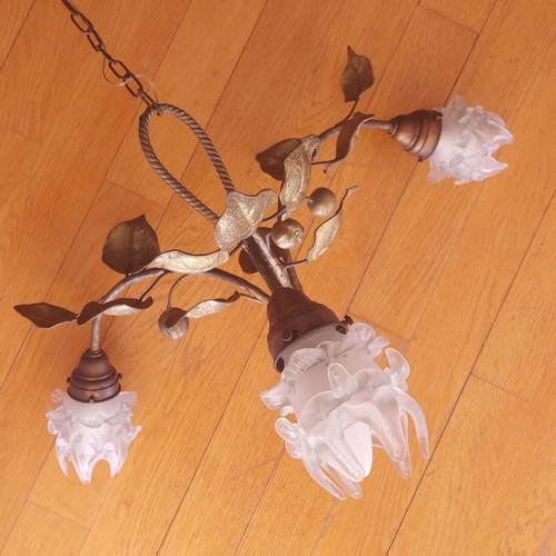 Art Nouveau 1900 French ceiling light used, gilt brass with frosted glass